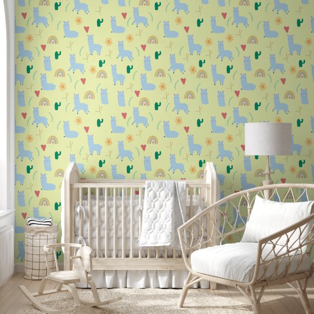Cute Llama Rainbows Yellow & Blue Baby Boy Nursery Wallpaper (Kids)