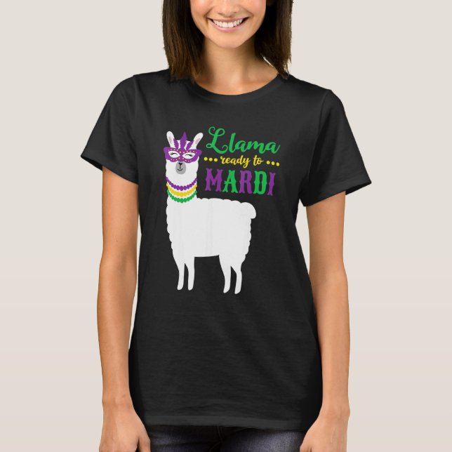 Cute Llama Ready To Mardi Gras Party Mask Beads Me T-Shirt (Front)