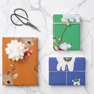 Cute llama Reindeer Polar Bear Christmas theme Wrapping Paper Sheet