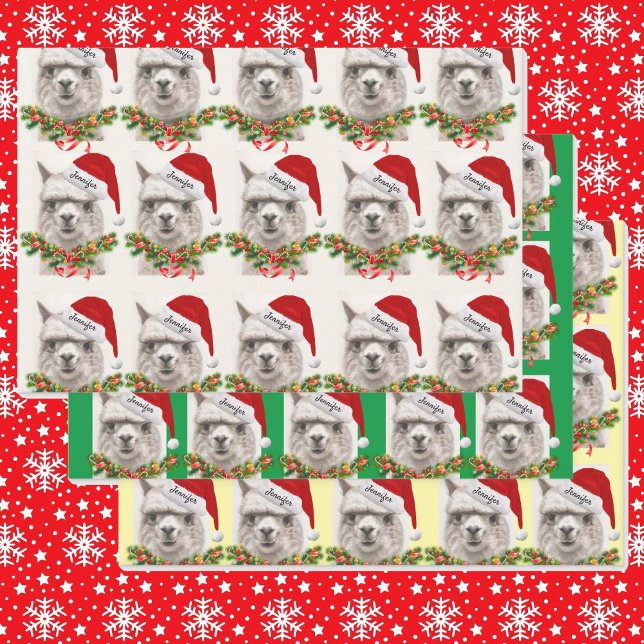 Cute Llama Smiles Santa Hat Your Name Christmas Wrapping Paper Sheet (Creator Uploaded)