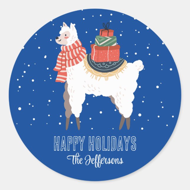 Cute Llama Snowy Winter Holiday Christmas Animal Classic Round Sticker (Front)