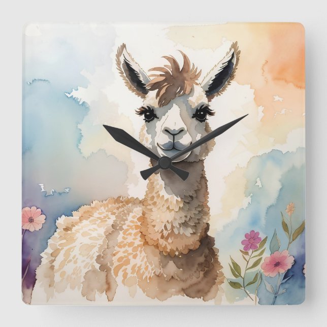 Cute Llama Square Wall Clock (Front)