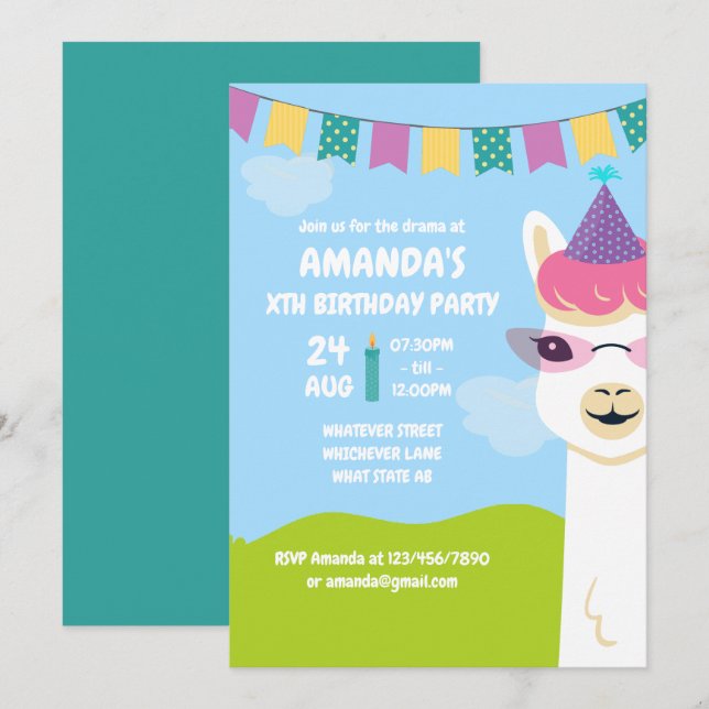 Cute Llama themed Kids Birthday Party invitation (Front/Back)