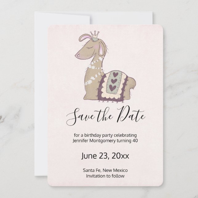 Cute Llama Wearing a Crown Birthday Save The Date (Front)