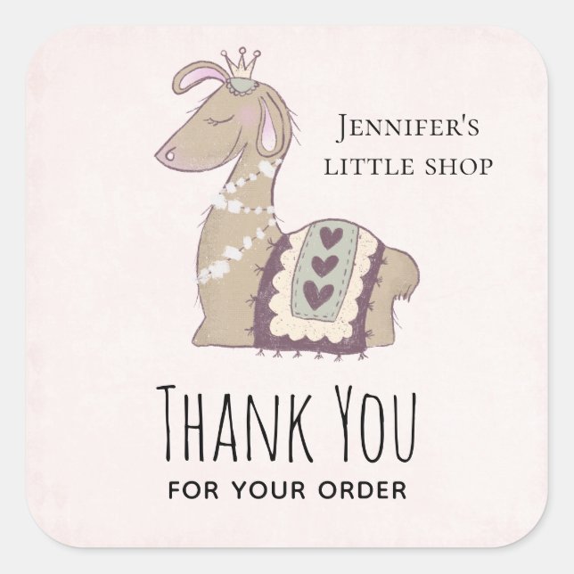 Cute Llama Wearing a Crown Business Thank You Square Sticker (Front)