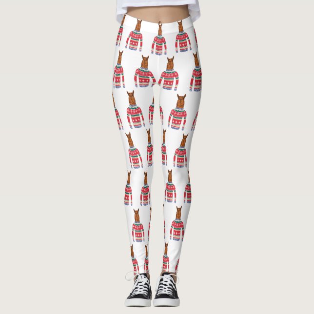 Cute Llama wearing Funny Ugly Christmas Sweater Leggings (Front)