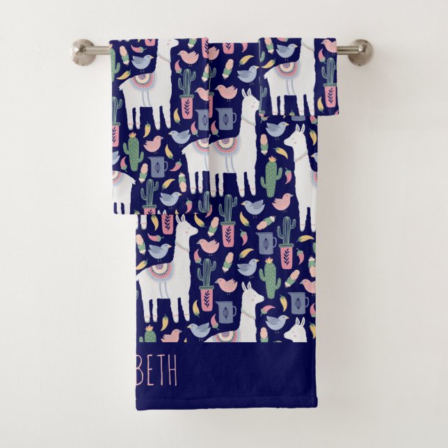 Cute Llama Whimsical Botanical Pattern Bath Towel Set (Insitu)
