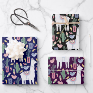 Cute Llama Whimsical Botanical Pattern Wrapping Paper Sheet