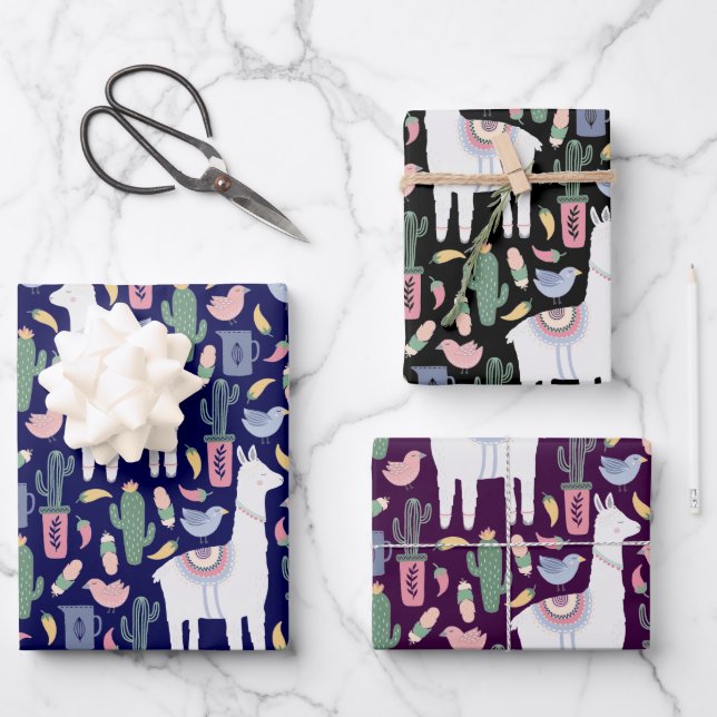Cute Llama Whimsical Botanical Pattern Wrapping Paper Sheet (Front)