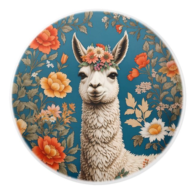 Cute Llama William Morris Inspired Floral Ceramic Knob (Front)