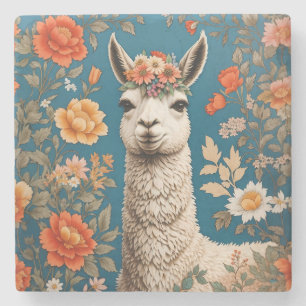 Cute Llama William Morris Inspired Floral Stone Coaster