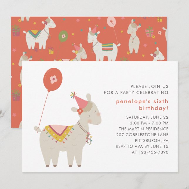 Cute Llama with Balloon Birthday Party Invitation (Front/Back)