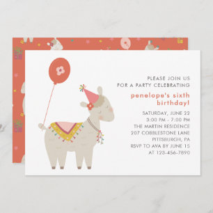 Cute Llama with Balloon Birthday Party Invitation