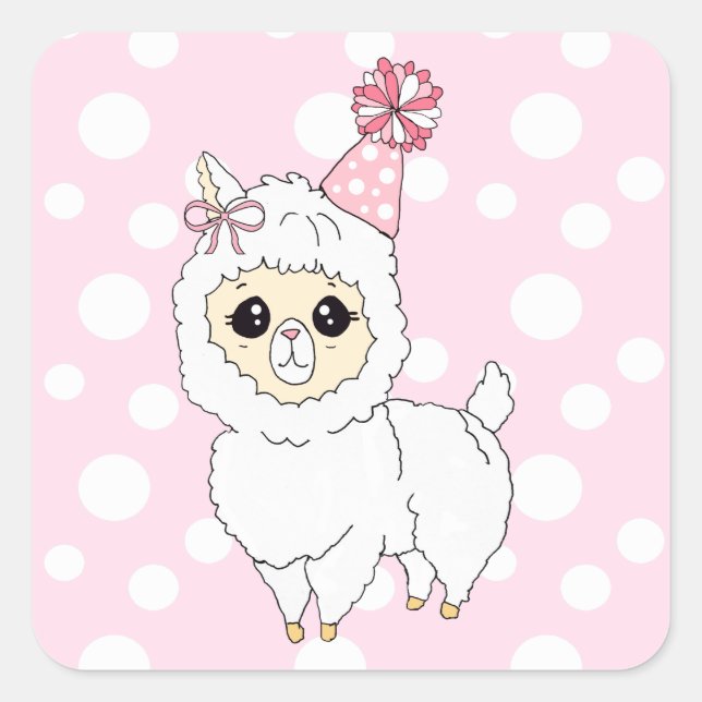 Cute Llama with Birthday Hat Square Sticker (Front)