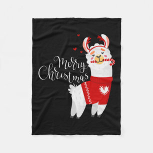 Cute Llama With Candy Cane Merry Christmas  Fleece Blanket
