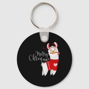 Cute Llama With Candy Cane Merry Christmas Key Ring