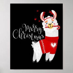 Cute Llama With Candy Cane Merry Christmas Poster