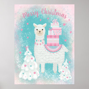 Cute Llama with Christmas Gifts Poster