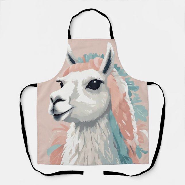 Cute Llama with Colourful Fur on its Head Apron (Front)