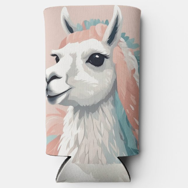 Cute Llama with Colourful Fur on its Head Seltzer Can Cooler (Front)