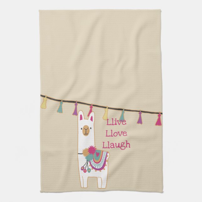 Cute llama with custom background colour tea towel (Vertical)