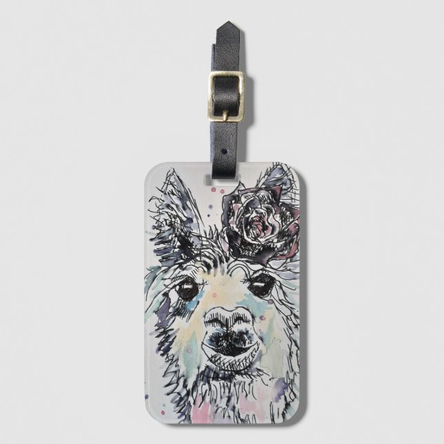 Cute Llama with Rose watercolour art Luggage Tag (Front Vertical)