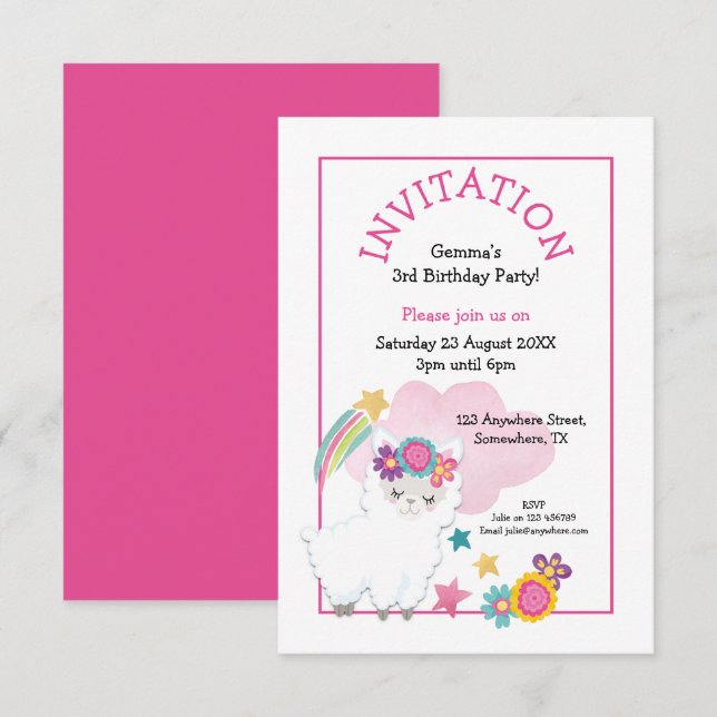 Cute Llama Young Child Birthday Party Pink Invitation (Front/Back)