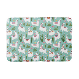 Cute Llamas On Teal Pattern Bath Mat