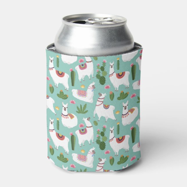 Cute Llamas On Teal Pattern Can Cooler (Can Front)