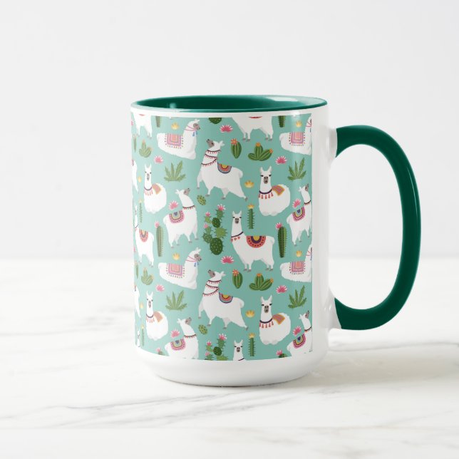 Cute Llamas On Teal Pattern Mug (Right)