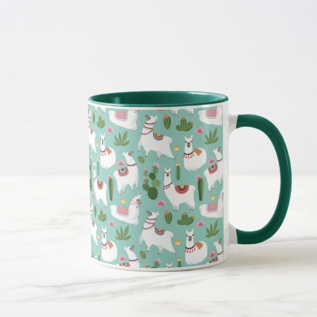 Cute Llamas On Teal Pattern Mug (Right)