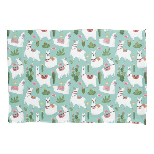Cute Llamas On Teal Pattern Pillowcase (Front-Left)