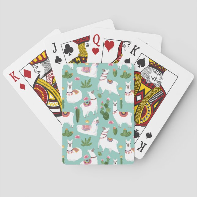 Cute Llamas On Teal Pattern Playing Cards (Back)