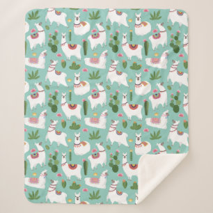 Cute Llamas On Teal Pattern Sherpa Blanket