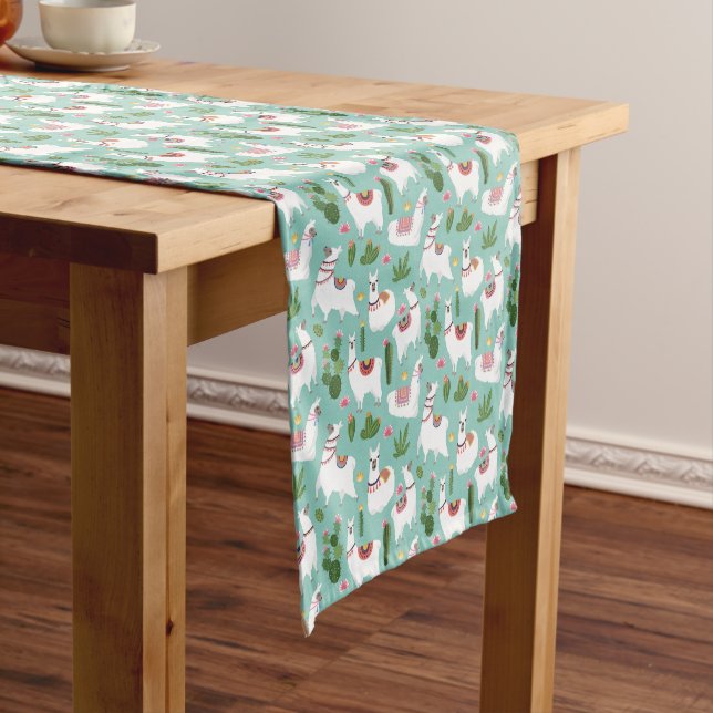 Cute Llamas On Teal Pattern Short Table Runner (In Situ)