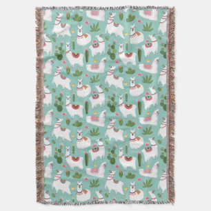 Cute Llamas On Teal Pattern Throw Blanket