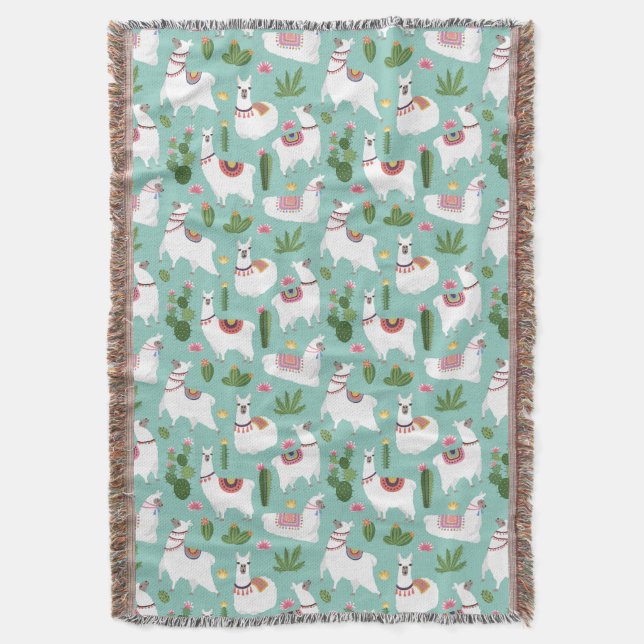 Cute Llamas On Teal Pattern Throw Blanket (Front Vertical)