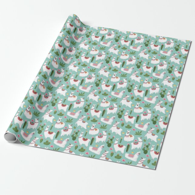 Cute Llamas On Teal Pattern Wrapping Paper (Unrolled)