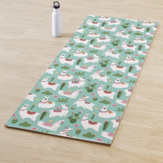 Cute Llamas On Teal Pattern Yoga Mat (In Situ)