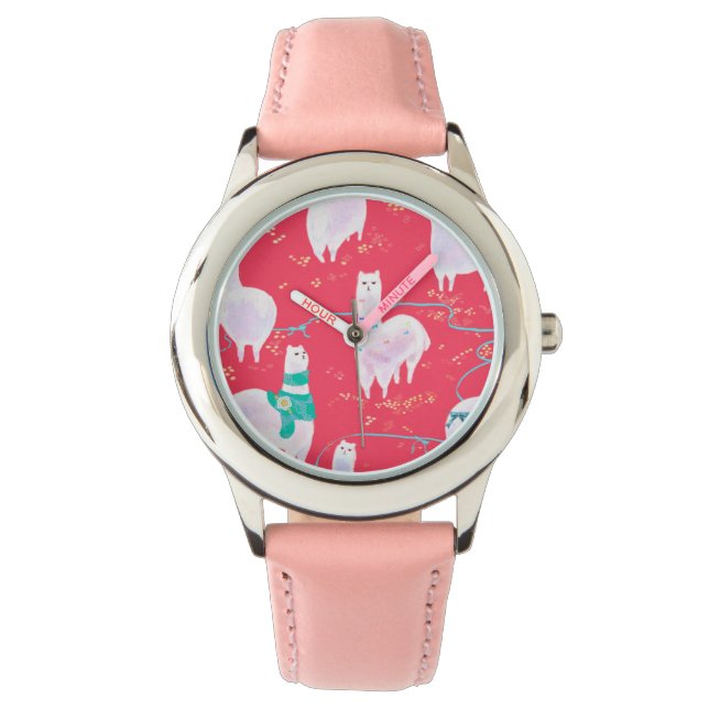 Cute llamas Peru illustration red background Watch (Front)