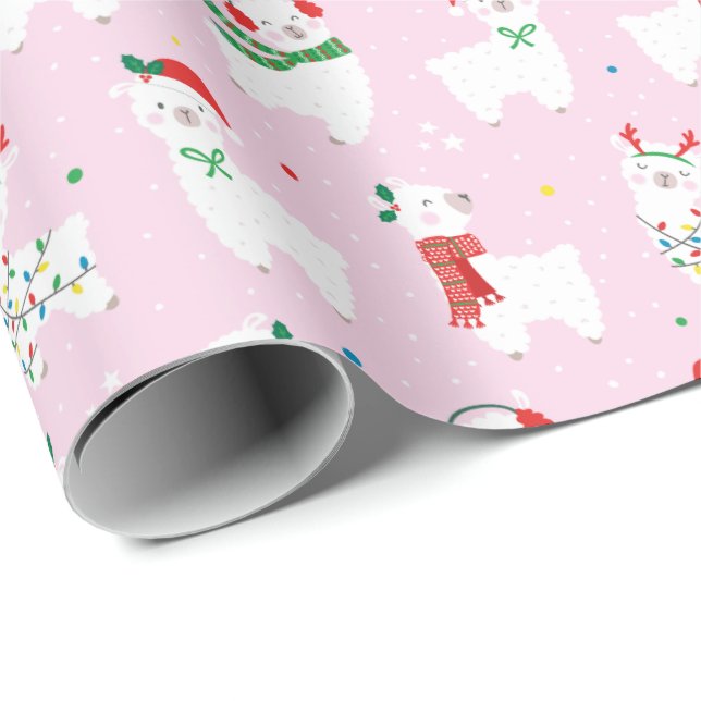 Cute Llamas ready for christmas on light pink Wrapping Paper (Roll Corner)