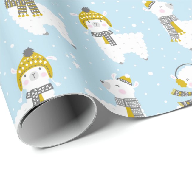 Cute Llamas with hats and scarves on light blue Wrapping Paper (Roll Corner)