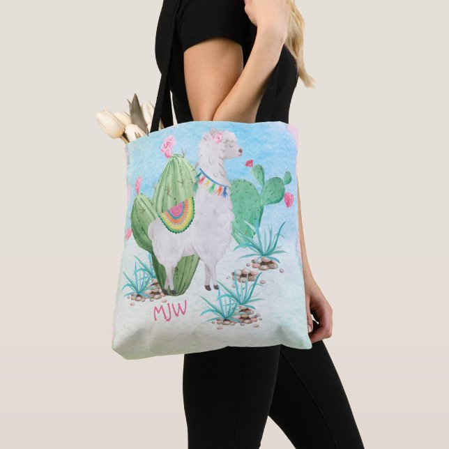 Cute Lllama Watercolor Scene Personalised Kids Tote Bag (Close Up)