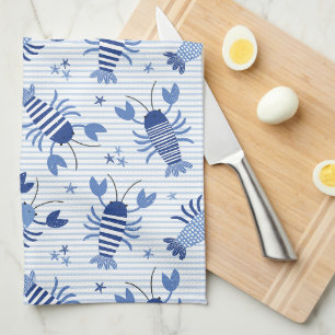 Cute lobsters on light blue and white stripe tea towel