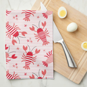 Cute lobsters on light pink and white stripe tea towel