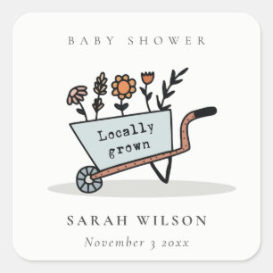 Cute Locally Grown Blue Floral Cart Baby Shower Square Sticker