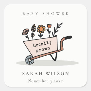 Cute Locally Grown Blush Floral Cart Baby Shower Square Sticker