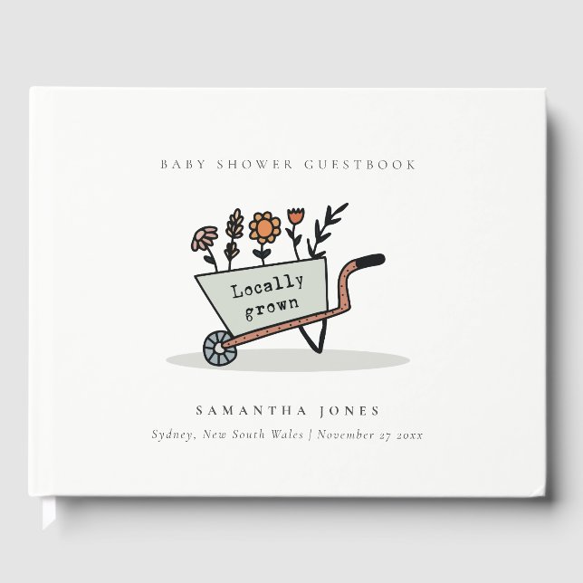Cute Locally Grown Grey Floral Cart Baby Shower Guest Book (Front)