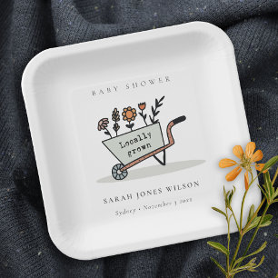 Cute Locally Grown Grey Floral Cart Baby Shower Paper Plate