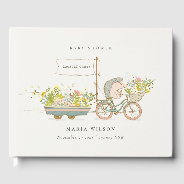 Cute Locally Grown Hedgehog Flora Bike Baby Shower Guest Book (Front)